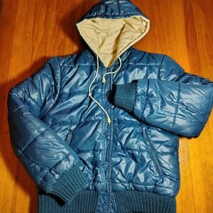 Vintage Sears JR Bazaar Puffer Jacket Kids Small Hooded Blue Reversible‎